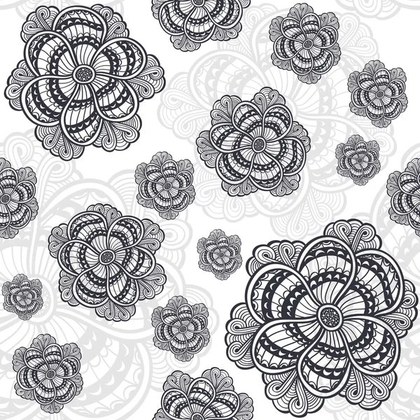 Seamless pattern with Zen-doodle flowers black on white — Stock Vector