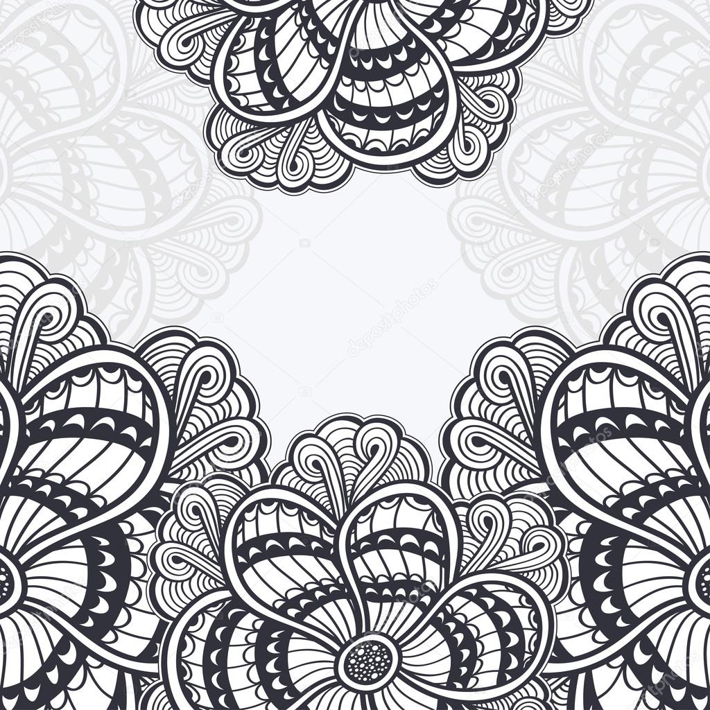 Background with  Zen-doodle flowers black on white