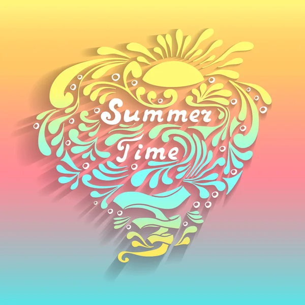 Handgemaakte inscriptie zomertijd met zon golven splash in doodle stijl — Stockvector