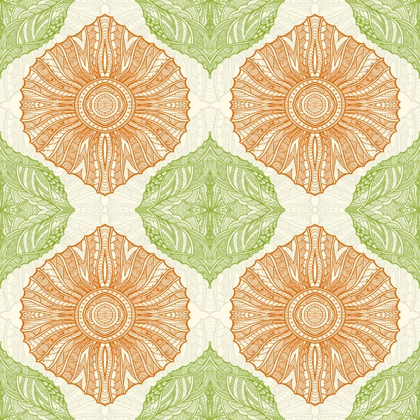 Padrão sem costura no estilo Zen-doodle laranja verde — Vetor de Stock