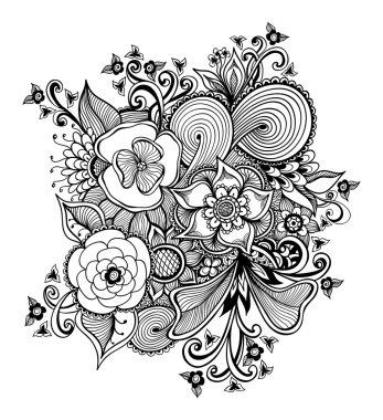 Zen-doodle bouquet of  flowers  black on white clipart