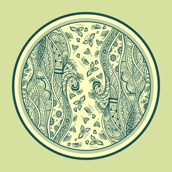 Zen-doodle или Zen-tangle текстура или рисунок темно-зеленый желтый по кругу — стоковый вектор