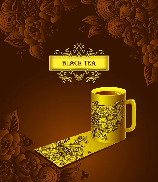 Modèle paquet tasse de thé avec fleurs Zen-doodle noir — Image vectorielle