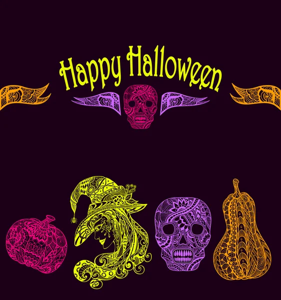 Set de Halloween con calabazas de habilidad bruja colorido en negro — Vector de stock