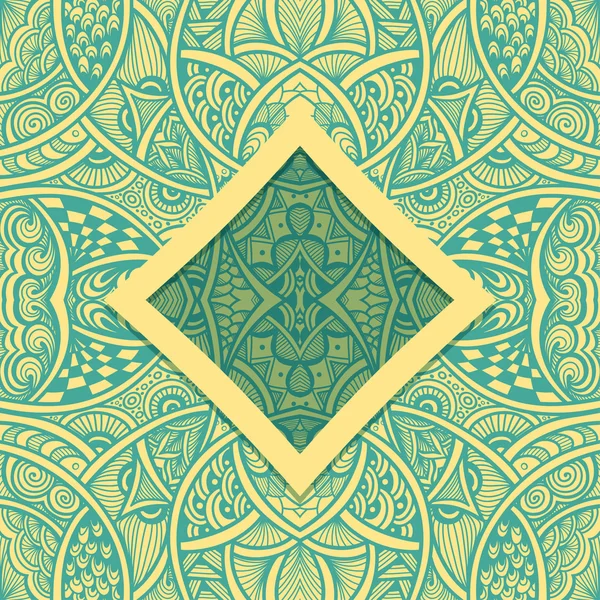 Sjabloon met frame en naadloze Zen-doodle patroon van gele marine blauw — Stockvector