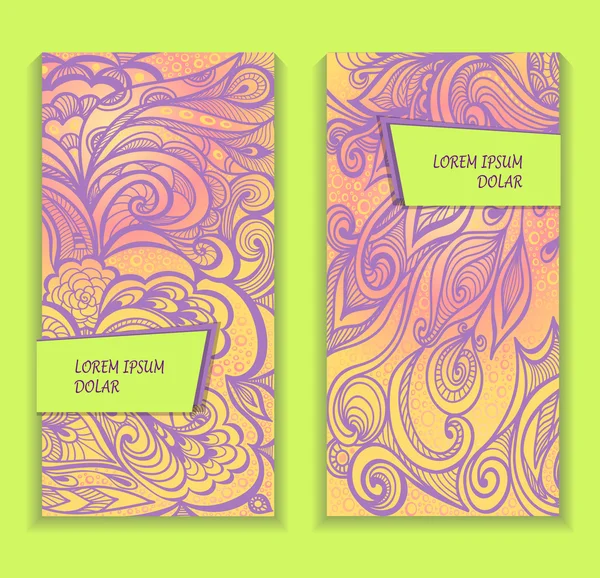Sjabloon flyer of pakket met Zen-doodle patroon van licht groen Lila geel — Stockvector