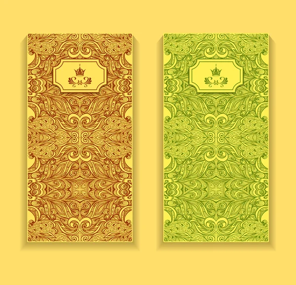 Plat template flyer atau paket dengan pola Zen-doodle dalam coklat hijau - Stok Vektor