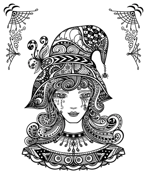 Čarodějnice v klobouku v Zen-doodle nebo Zen změť dekorativní l stylu černé na bílém — Stockový vektor
