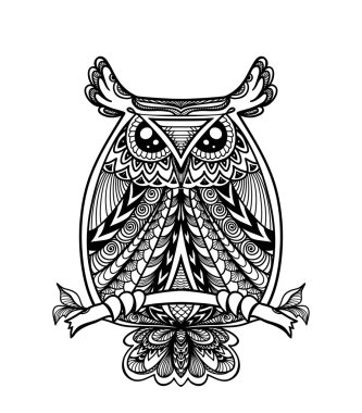 Zen-doodle veya Zen-dolaştırmak dekoratif l tarzı siyah üzerine beyaz baykuş