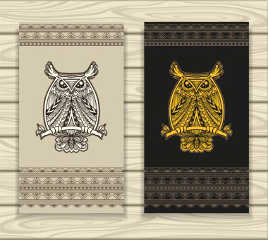 Şablon afiş veya gözlük baykuş ve Zen-doodle tarzı sorunsuz süsleme ile dolapları