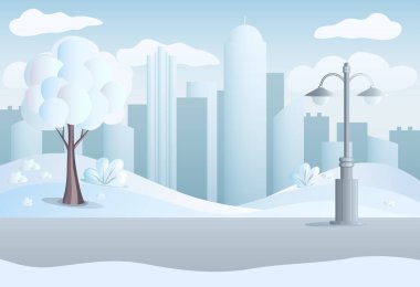 Kış Şehri Peyzajı Binalar, ağaçlar, fener bulutları düz stil
