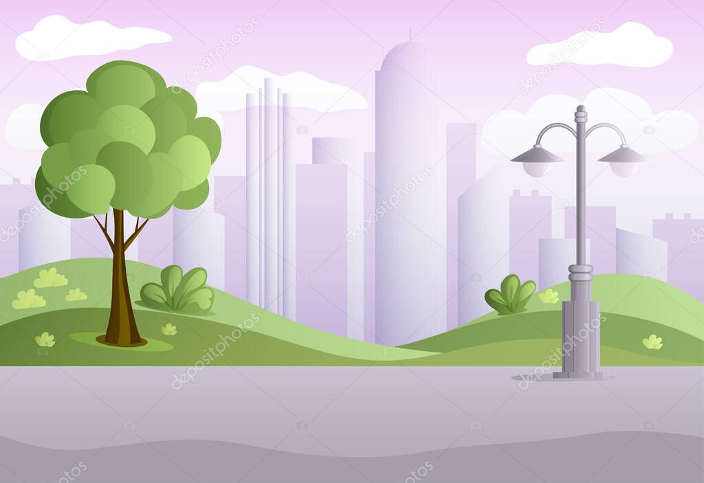 Spring  City Landscape Background in flat style with buildings park tree bushes lantern clouds