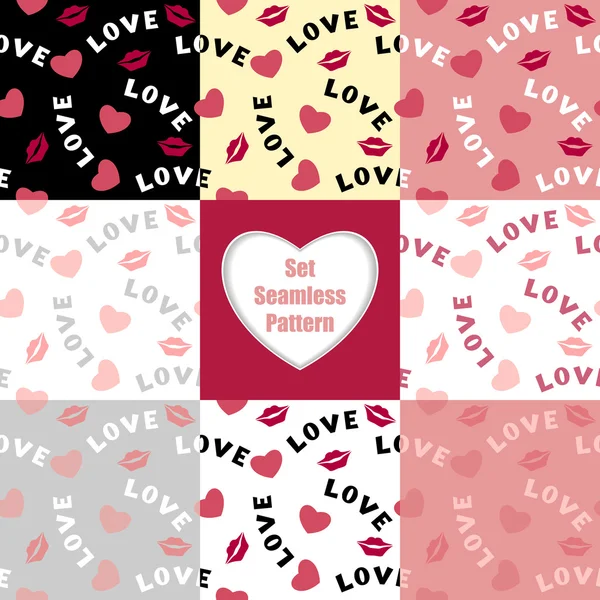 Set Seamless pattern with hearts lips  and inscription love — Stock Vector