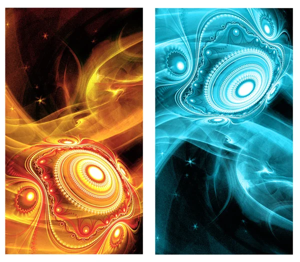 Kozmik ışık küreleri gezegen ile iki soyut fraktal dikey arka planlar