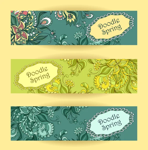 Set di bandiere floreali Doodle in verde marino blu — Vettoriale Stock