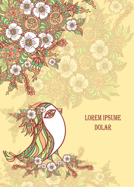 Achtergrond met lente doodle vogel en bloemen in beige — Stockvector