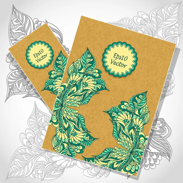 Folleto de plantilla y tarjeta de visita con flores de garabato — Vector de stock