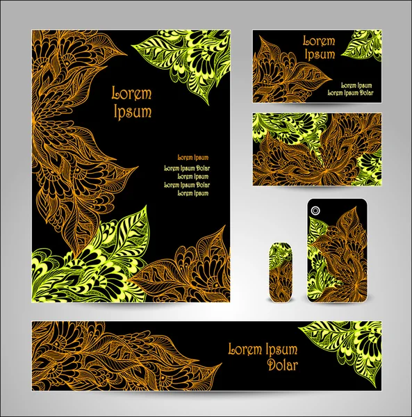 Set Template avec fleurs doodle en noir orange vert — Image vectorielle