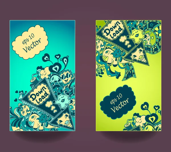 Verticale banners naar beneden laden met doodle monsters instellen — Stockvector