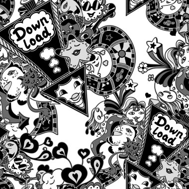 Doodle canavarlar beyaz siyah ile Seamless Modeli
