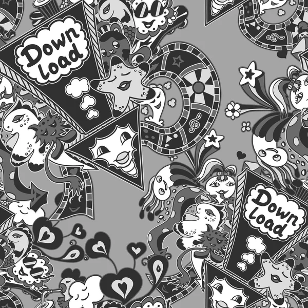 Seamless pattern with doodle monsters grey — Stock Vector