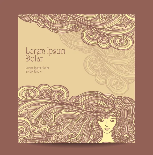 Template Flyer Beautiful Girl with long curly hair in beige — Stock Vector