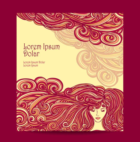 Szablon Flyer piękna dziewczyna z długie kręcone włosy w kolorze beżowym czerwony — Wektor stockowy