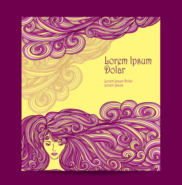 Template Flyer Beautiful Girl with long curly hair in yellow lilac — Stock Vector