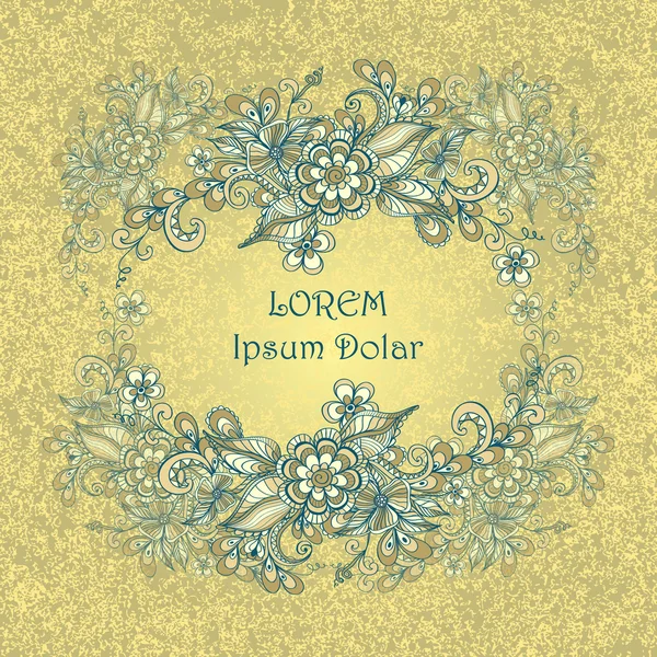 Kader van de grens met doodle bloemen en grunge effect in beige marine blauw — Stockvector