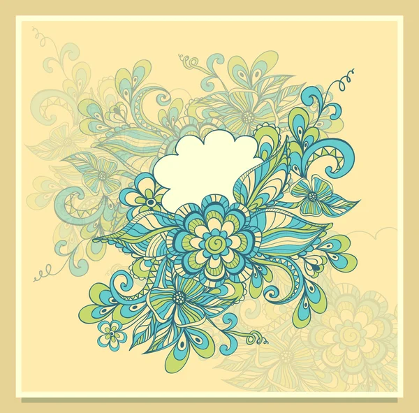 Doodle λουλούδια πλαίσιο με σύννεφο σε μπλε πράσινο μπεζ — Διανυσματικό Αρχείο