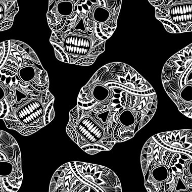 Süsleme süslemeleri kafatası ile Seamless Modeli siyah beyaz boyalı