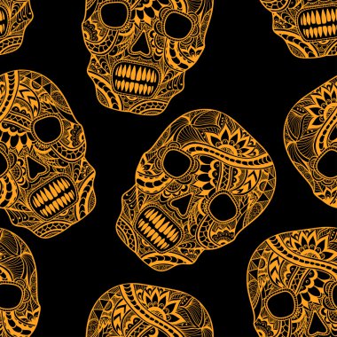 Süsleme süslemeleri kafatası ile Seamless Modeli siyah turuncu boyalı