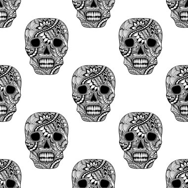Süsleme süslemeleri kafatası ile Seamless Modeli siyah beyaz boyalı