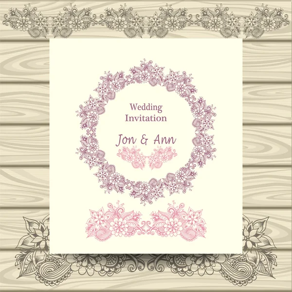 Convite de casamento com elementos florais doodle — Vetor de Stock