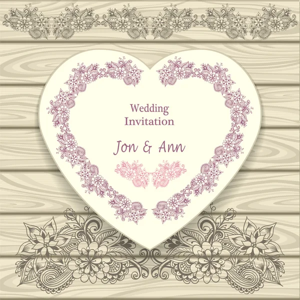 Convite de casamento em forma de coração com elementos florais doodle — Vetor de Stock