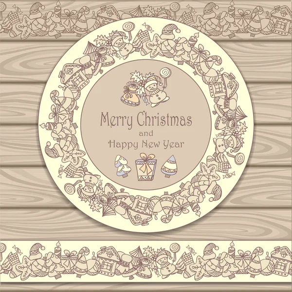 Circle frame and border from Christmas  elements on wood background in beige — Stock Vector