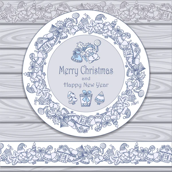 Cadre circulaire et bordure des éléments de Noël sur fond de bois gris — Image vectorielle