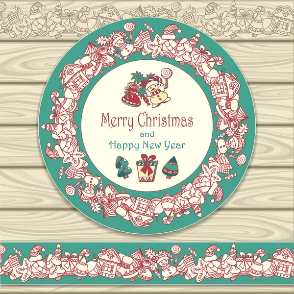 Circle frame and border from Christmas  elements on beige wood background — Stock Vector