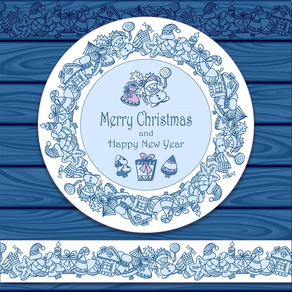 Kreisrahmen und Borte aus weihnachtlichen Elementen auf blauem Holzhintergrund — Stockvektor