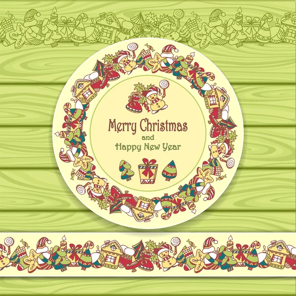 Marco de círculo y borde de elementos navideños sobre fondo de madera verde claro — Archivo Imágenes Vectoriales