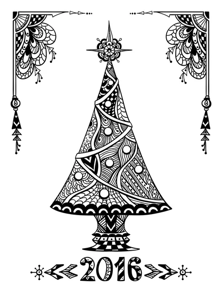 Christmas Tree in Zen-doodle style black on white — Stock Vector