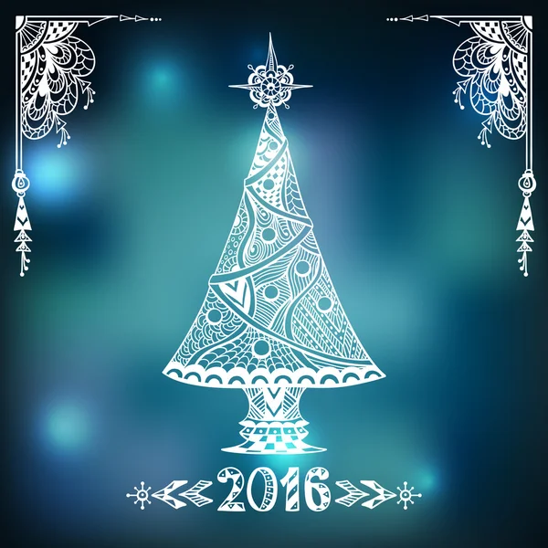 Christmas Tree in Zen-doodle style  on blur background in blue — Stock Vector