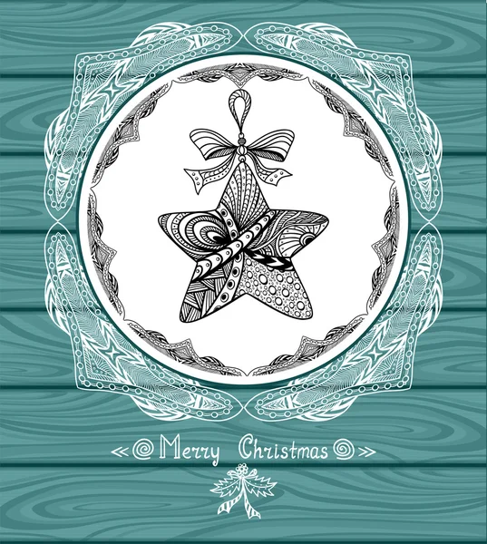 圣诞星在圈子在禅宗涂鸦风格带花边在蓝色木背景 — 图库矢量图片