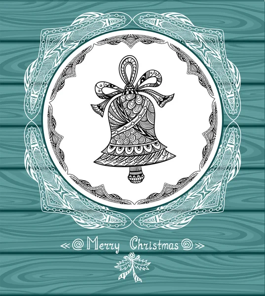 Cloche de Noël en cercle dans le style Zen-doodle avec dentelle sur fond de bois bleu — Image vectorielle
