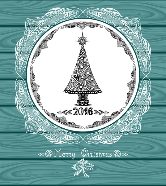 Weihnachtsbaum im Kreis im Zen-Doodle-Stil mit Spitze auf blauem Holzhintergrund — Stockvektor