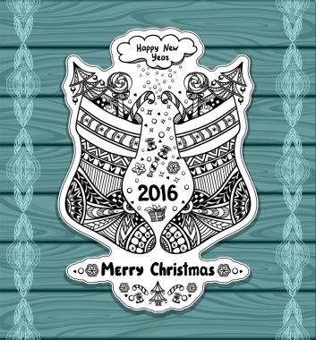 Zen-doodle tarzı mavi ahşap üzerine hediye paketi ile Noel stokları