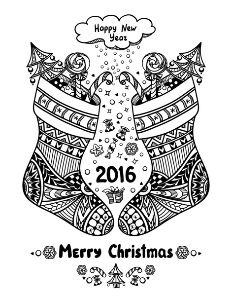 Weihnachtsvorräte mit Geschenkverpackung im Zen-Doodle-Stil schwarz auf weiß — Stockvektor