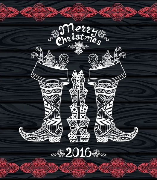 Botas de Navidad con paquete de regalo en estilo Zen-doodle blanco sobre madera negra — Archivo Imágenes Vectoriales