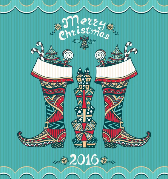 Botas de Navidad con regalos en estilo Zen-doodle sobre fondo azul — Archivo Imágenes Vectoriales