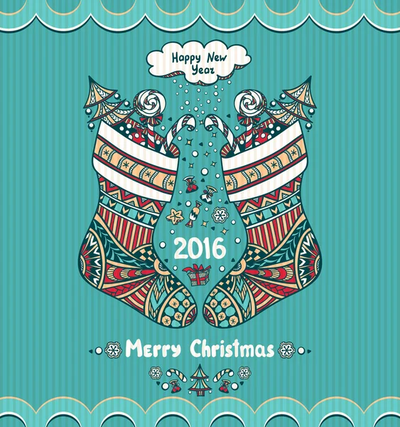 Stocks de Noël avec cadeau dans le style Zen-doodle fond bleu — Image vectorielle